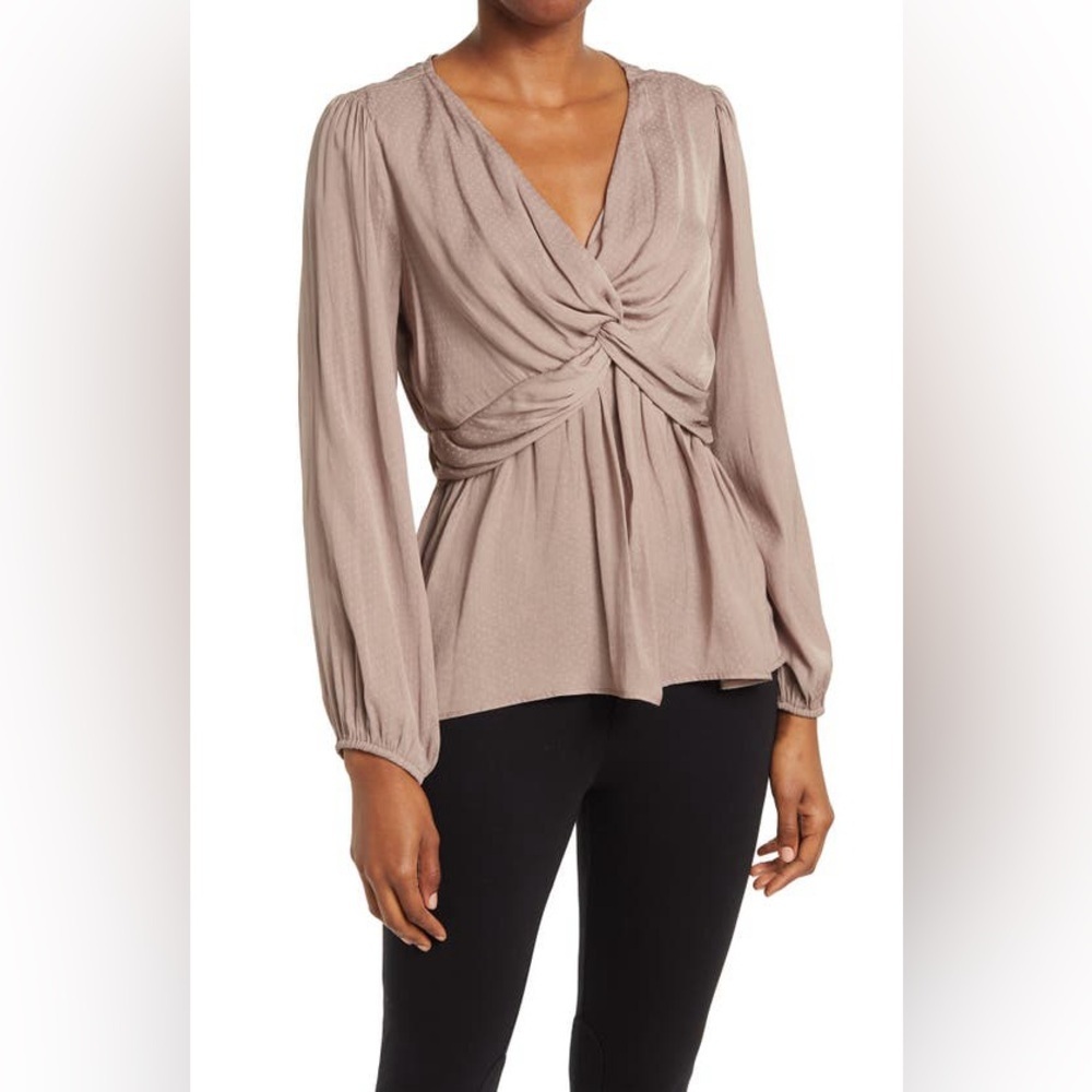 Pleione Taupe Front‎ Twist Satin Blouse Long Sleeve Swiss Dot, Size Medium
